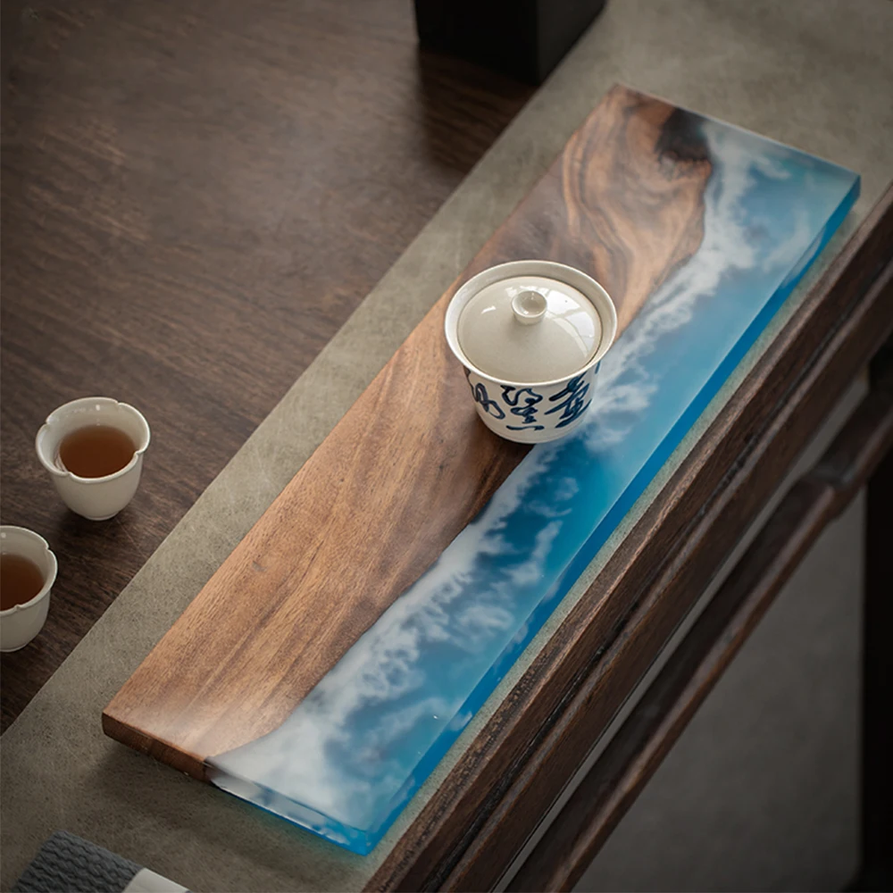 Blue Sky White Clouds Design Wood Resin Tea Tray For Teacup Teapot Luxurious Natural Solid Wood Tea Board For Home Office Hotel