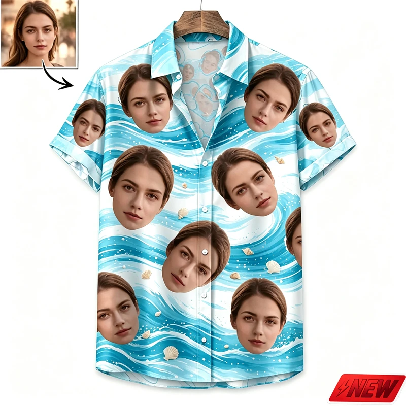 Custom Face Graphic Shirt Men Women Personalized Photo Heart Envelope Pattern Short Sleeve Button Top Gift Casual Hawaiian Shirt