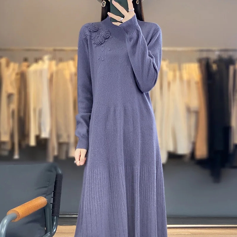 Women's 100% Cashmere and Wool Knitting Dress, Length-keen, Warm, Best Quality, Female Dress, New Fashion, Winter, NJ01, 2023