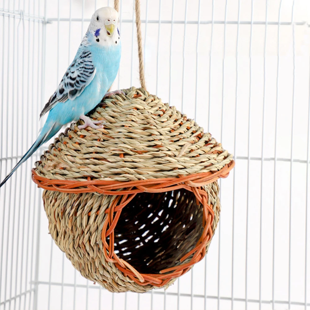 Bird Nest Grass Handwoven Bird Cages House For Parrot Canary Lovebird Parakeet Cockatiel Hand-Woven Grass Hatching Bird Hut