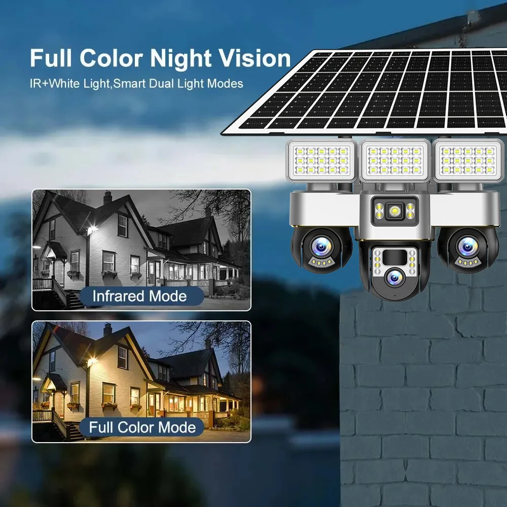 12MP Three-Lens LED Street Light 4G Camera Solar Power Outdoor Security Protection CCTV PIR Human Detection V380 Pro PTZ Monitor