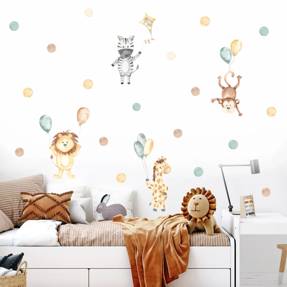 Cartoon Lion Giraffe Monkey Polka Dots Balloons Watercolor Wall Sticker Nursery Removable Vinyl Wall Decal Mural Kids Room Decor