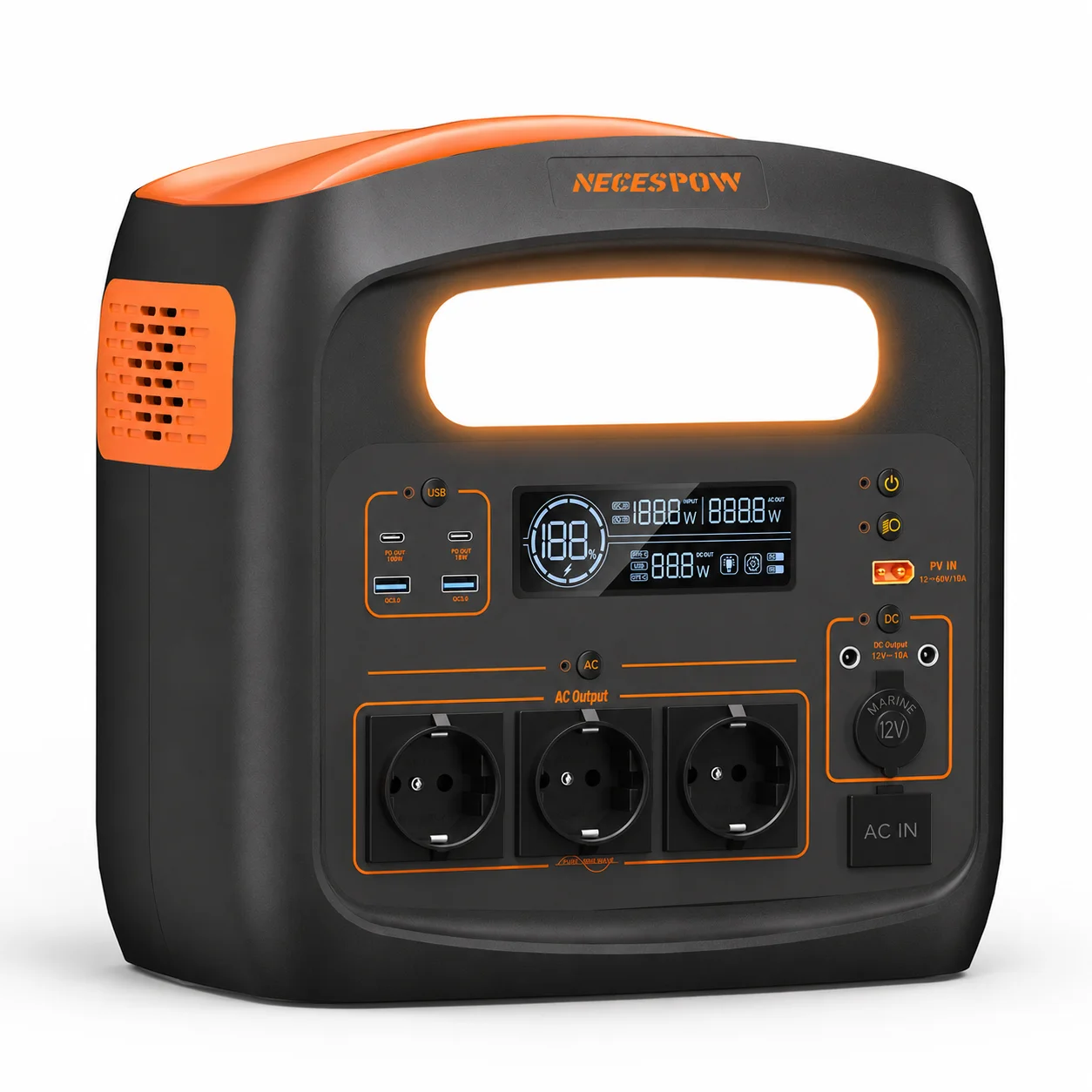 Tragbare Powerstation NECESPOW N1200 1800W 1024Wh LiFePO4 Solargenerator UPS 1000W AC Schnellladung 400W XT60 Solareingang PD100W QC3.0 LED-Licht für Notfälle zu Hause, Camping, Wohnmobil,