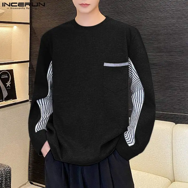 Fashion Casual Style Tops INCERUN New Mens Striped Contrast Design Pullovers Male Streetwear Long Sleeved Sweatshirts S-5XL 2024