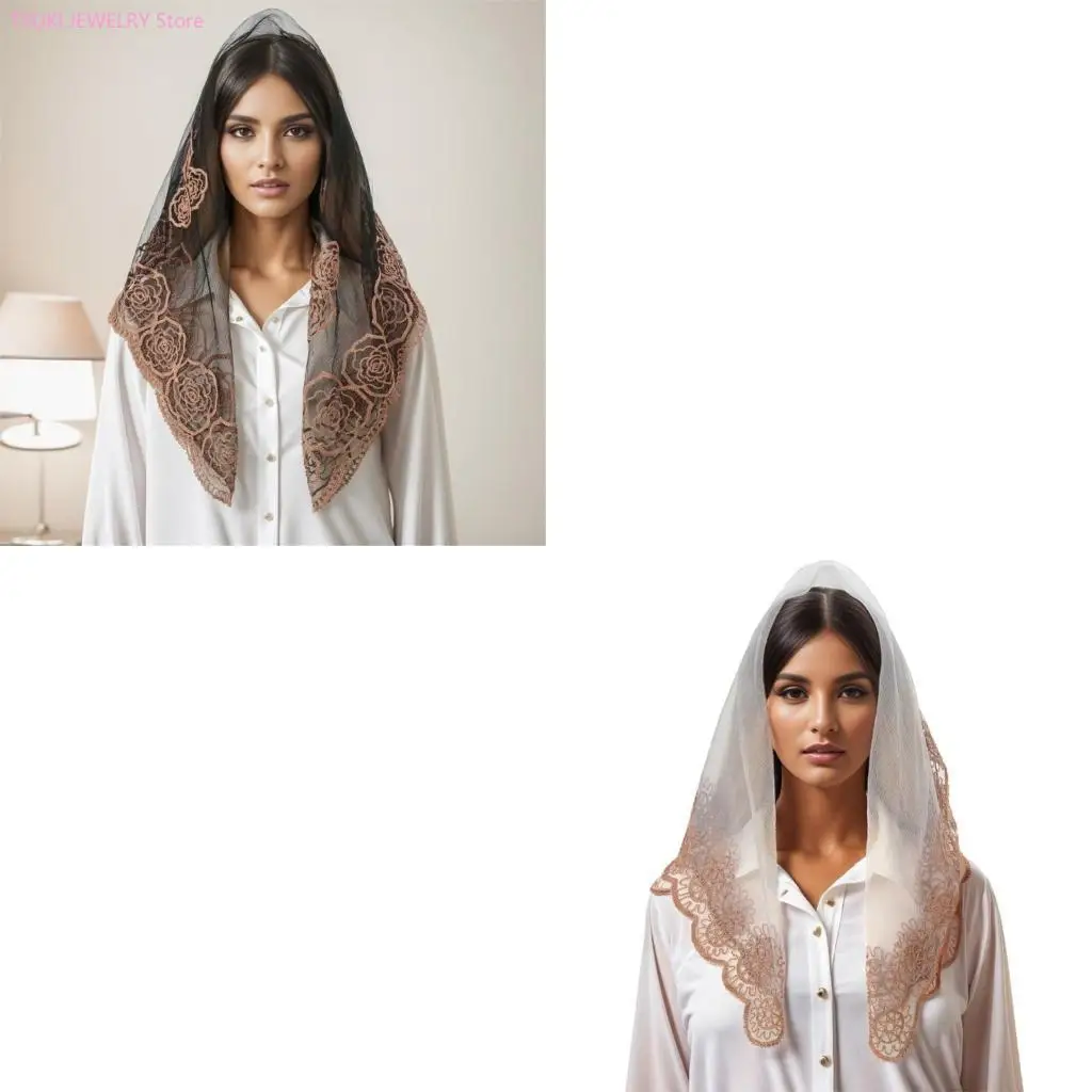 

62KE Elegant Lace Mantilla Head Scarf for Wedding Traditional Lacy Flower Scarf Head Covering for Catholic Chapel Scarf Headwear