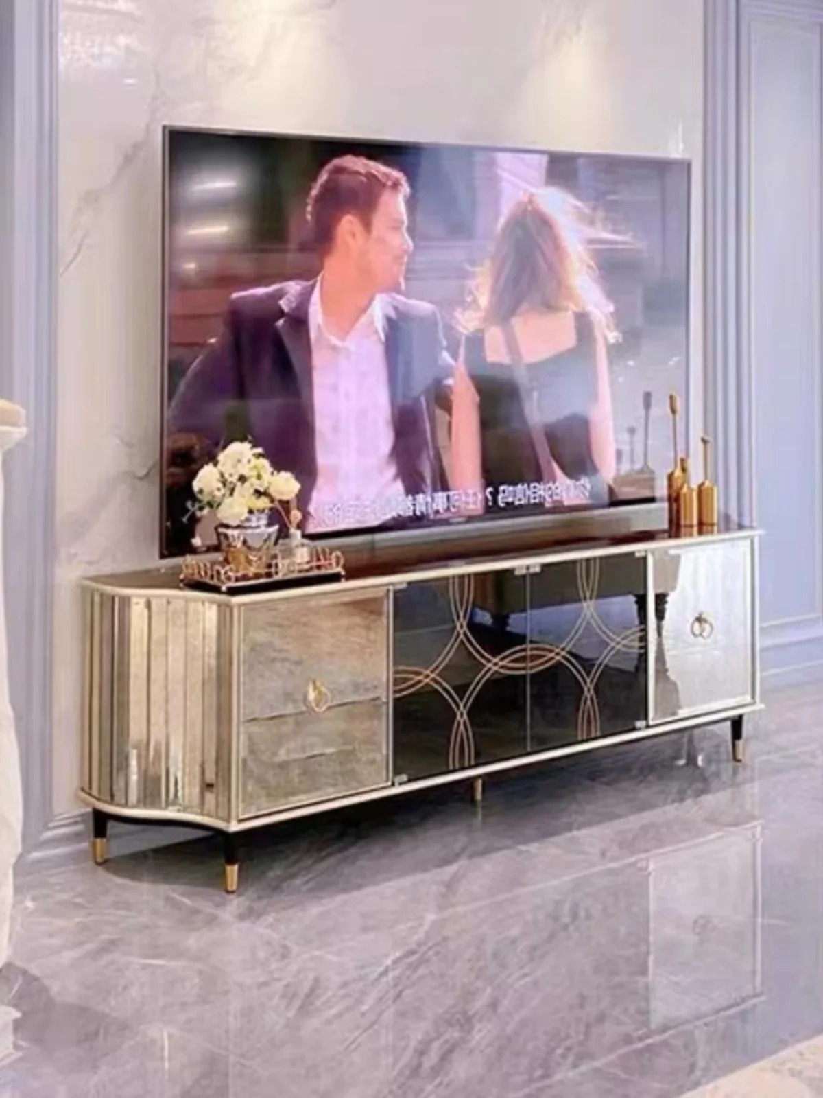 American light luxury living room solid wood TV cabinet coffee table combination French neoclassical high-end Italian glass surf