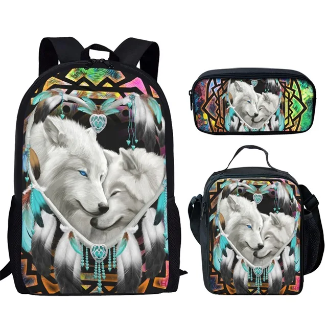 Dream Catcher Wolf tas ransel 3 buah/set tas buku siswa sekolah tas makan siang kasual motif hewan tas kotak pensil untuk remaja laki-laki