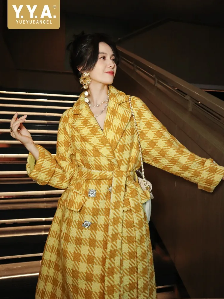 Autumn Winter Office Ladies Yellow Plaid Wool Blends Fashion Double Breasted Belt Mid-calf Length Woolen Coat Women Thick Trench