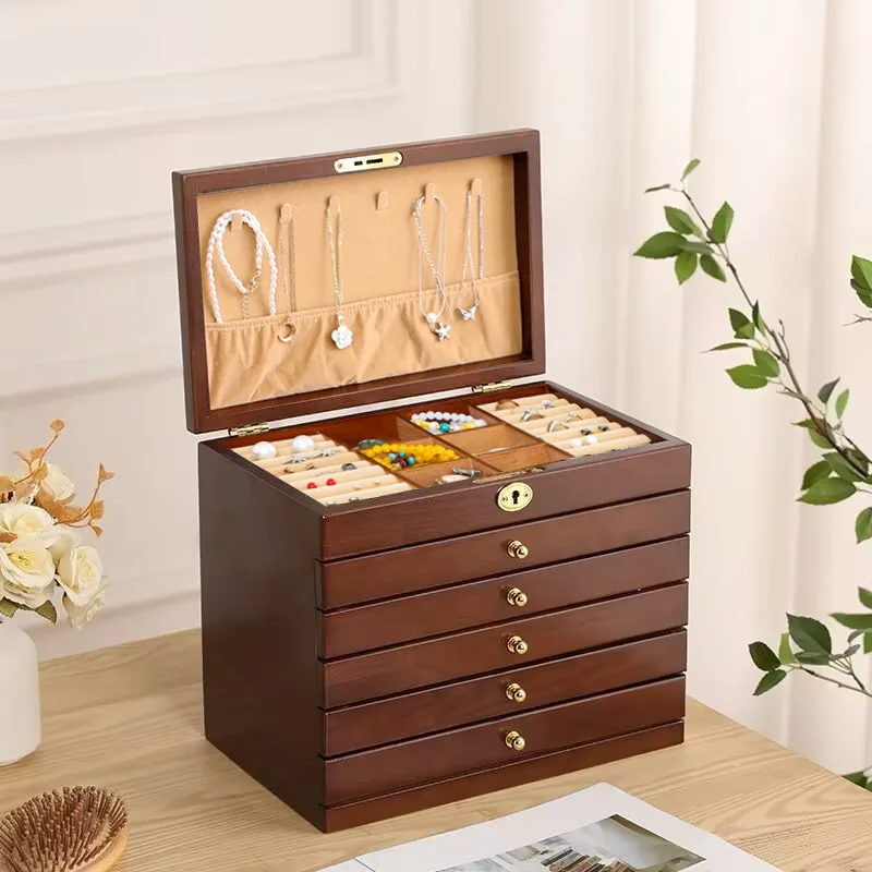Large Capacity Wooden Jewelry Box Wedding Accessories Storage Organizer for Earrings Necklaces Lockable Chinese Classical Style
