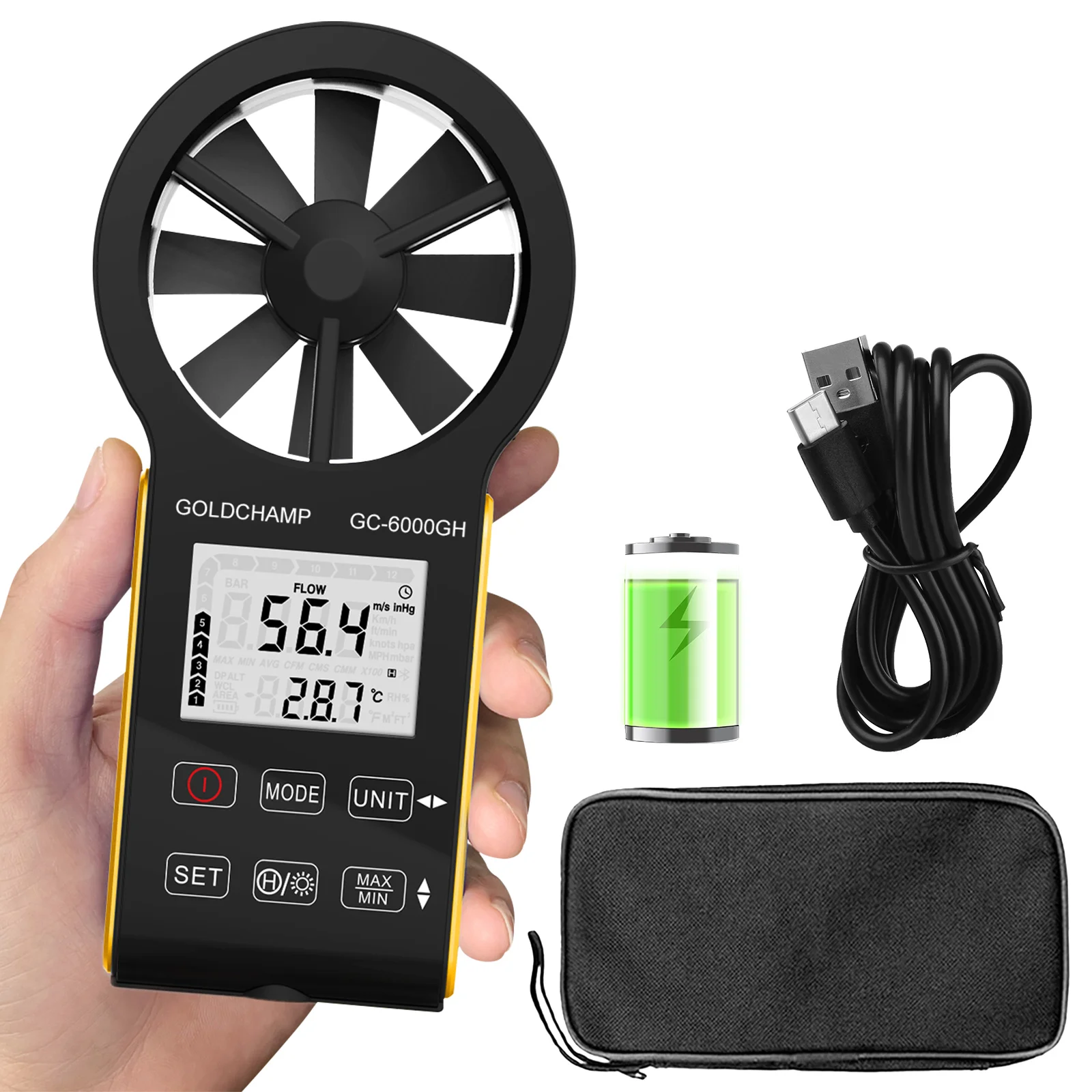 

CFM Wind Speed Meter,Rechargeable HVAC Anemometer Measuring Wind Velocity, Test Air Flow Volume CFM/CMM, Handheld Airflow Tester