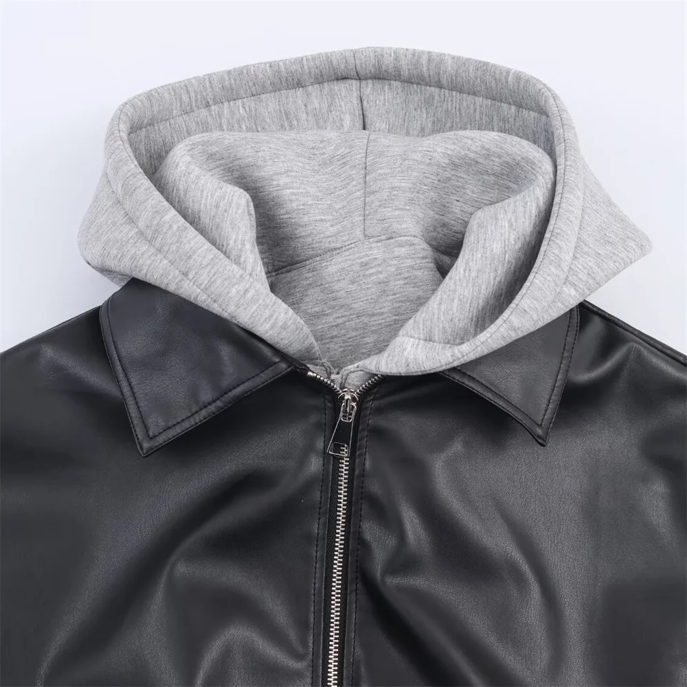 الخريف والشتاء منتج جديد أزياء المرأة وهمية قطعتين الربط سترة جلدية مقنعين سترة معطف