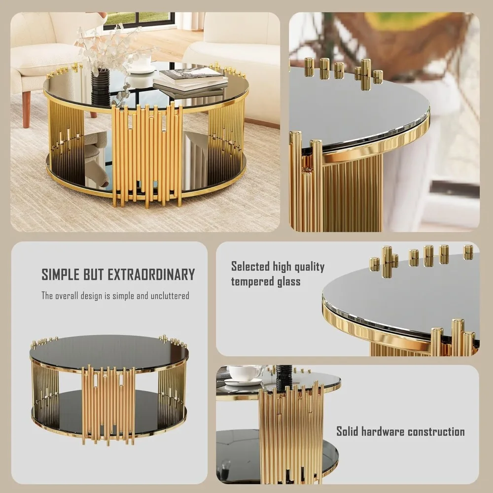 طاولة قهوة زجاجية مستديرة مقاس 36 بوصة، طاولة مركزية سوداء فاخرة حديثة، طاولة غرفة المعيشة، طاولات كوكتيل غير منتظمة الساق من الفولاذ المقاوم للصدأ