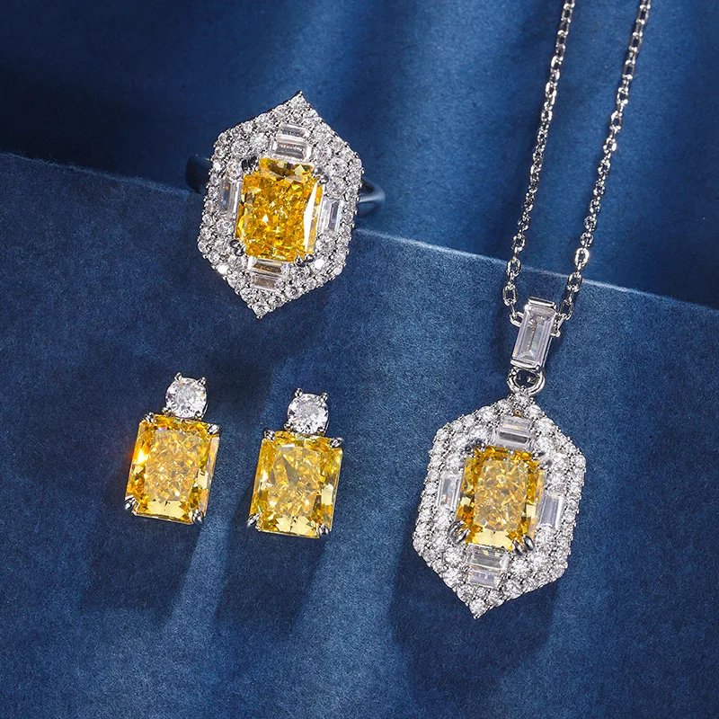 

New jewelry set high-carbon , ice flower cut, copper inlaid with yellow diamond, main stone 8*10