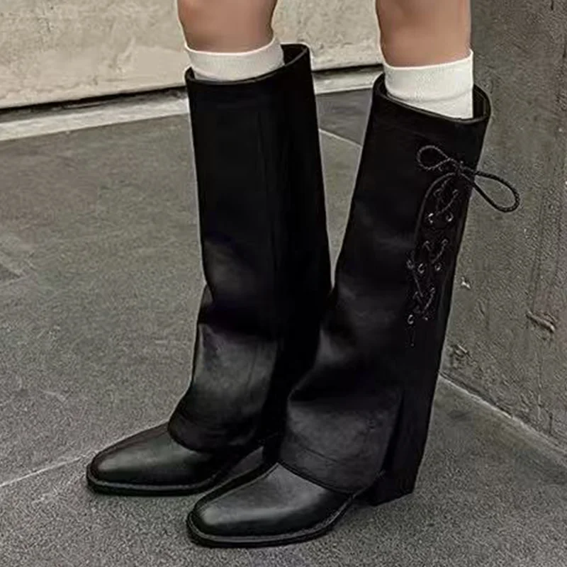 

High Boots for Women High Heels Designer Lace Up Leather Chunky Shoes 2025 New Pumps Winter Knee High Boots Elegant Mujer Botas