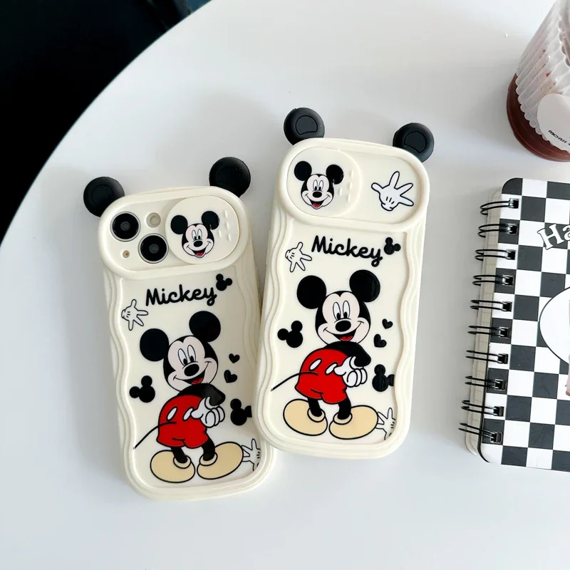 Cute Disney Mickey Ear Push Window Phone Cases For iPhone 15 14 13 12 11 Pro Max Mini XR X XS MAX 8 7 Plus Anti-fall Back Cover