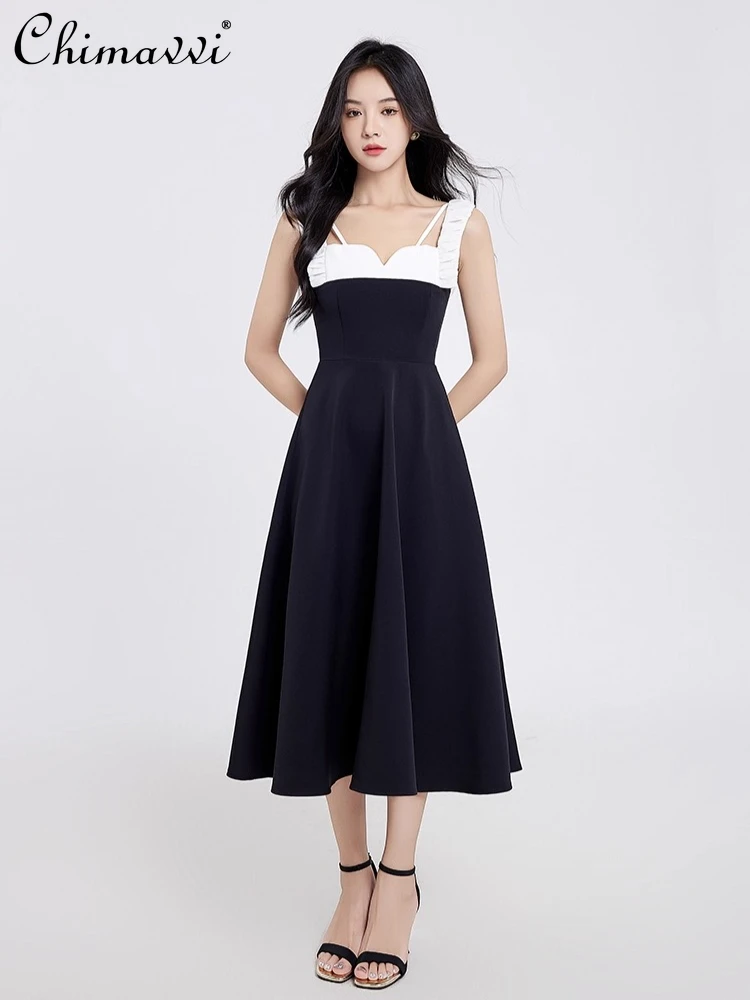 

Elegant Socialite Sexy Strapless Summer Long Dress V-neck Sleeveless High Waist Slim A-line Temperament Black Party Dress Women