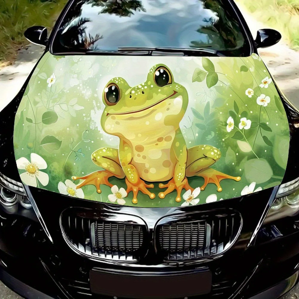 Vivid Frog Floral Art Car Hood Vinyl Wraps Sticker, Car Engine Decal, Waterproof Self-adhesive Car Packaging Cover, Universal Ca