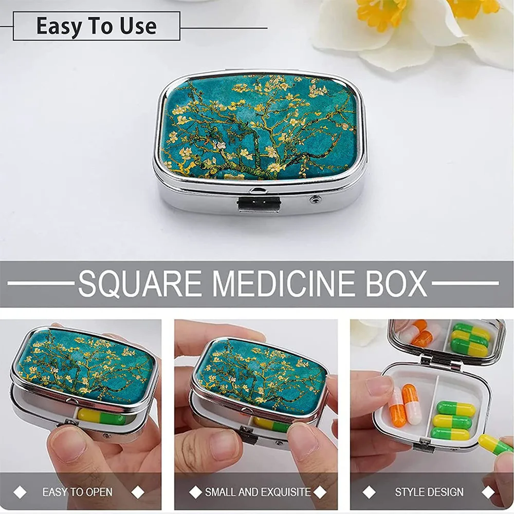 Cajas de pastillas, dispensador de pastillas cuadrado de Metal de 2 compartimentos, pintura al óleo, caja de almacenamiento de medicina portátil, caja de joyería para dulces