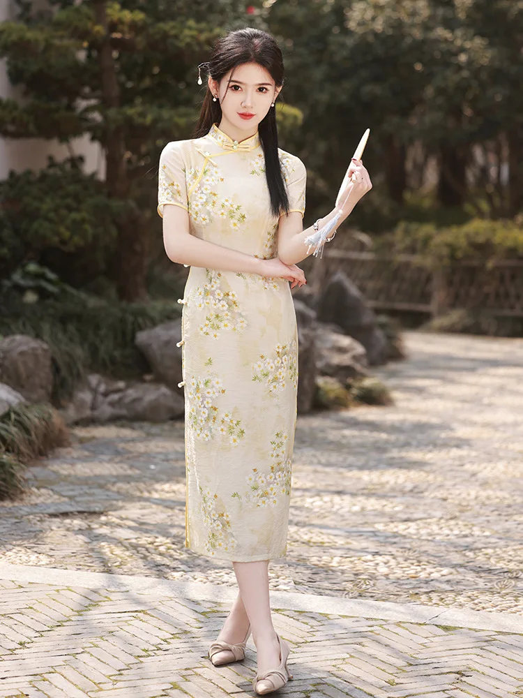 Chinese Style Dress Vintage Button Qipao Lady Slim Women Print Cheongsam Elegant Formal Party Gown Clothing