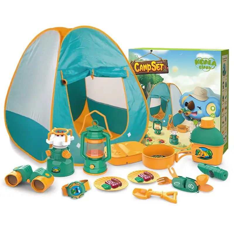 Ensemble de jouets de camping pour enfants avec tente, comprend une tente de jeu, équipement de camping, outils d'aventure, 21 pièces