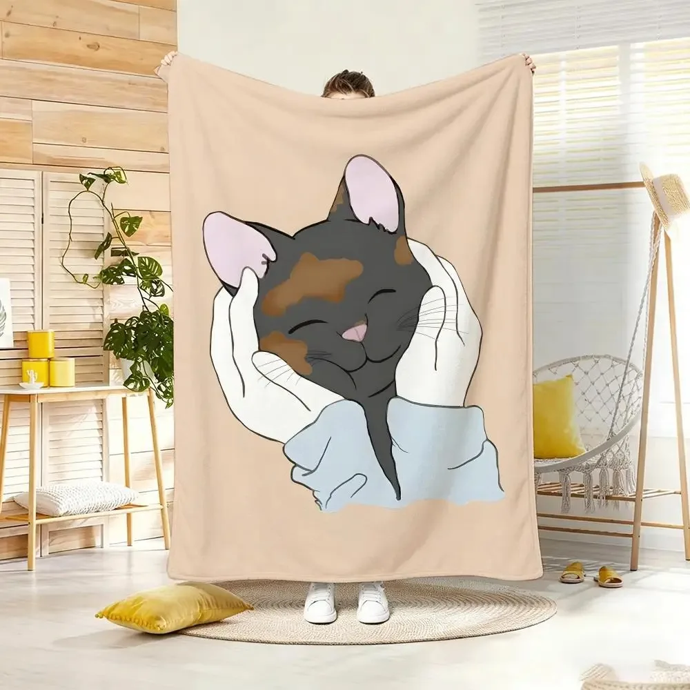 Cartoon H-Hands Cupping Cat Cheeks Throw Lightweight  Flannel Blanket Soft Skin-friendly for Summer Cooling