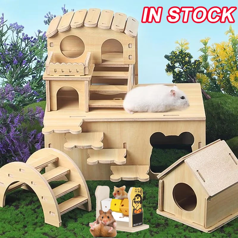 Hamster Nest Hiding House Solid Wood Small House Stair Platform Climbing Ladder Golden Bear Cage Hamster Hideout Wooden Habitat