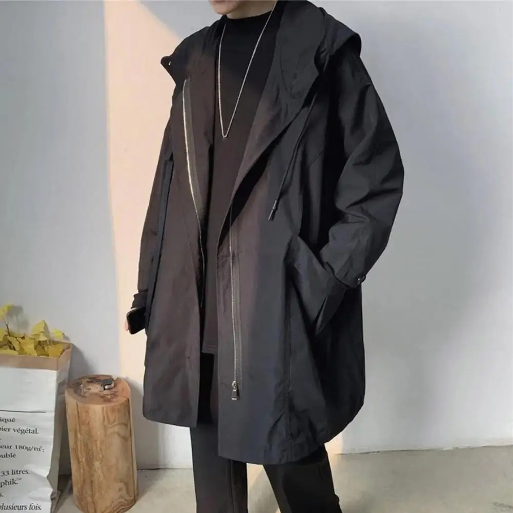 

Men Windbreaker Coat Hooded Long Sleeve Zipper Placket Trench Coat With Pockets Solid Color Loose Fit Mid-length Outwear