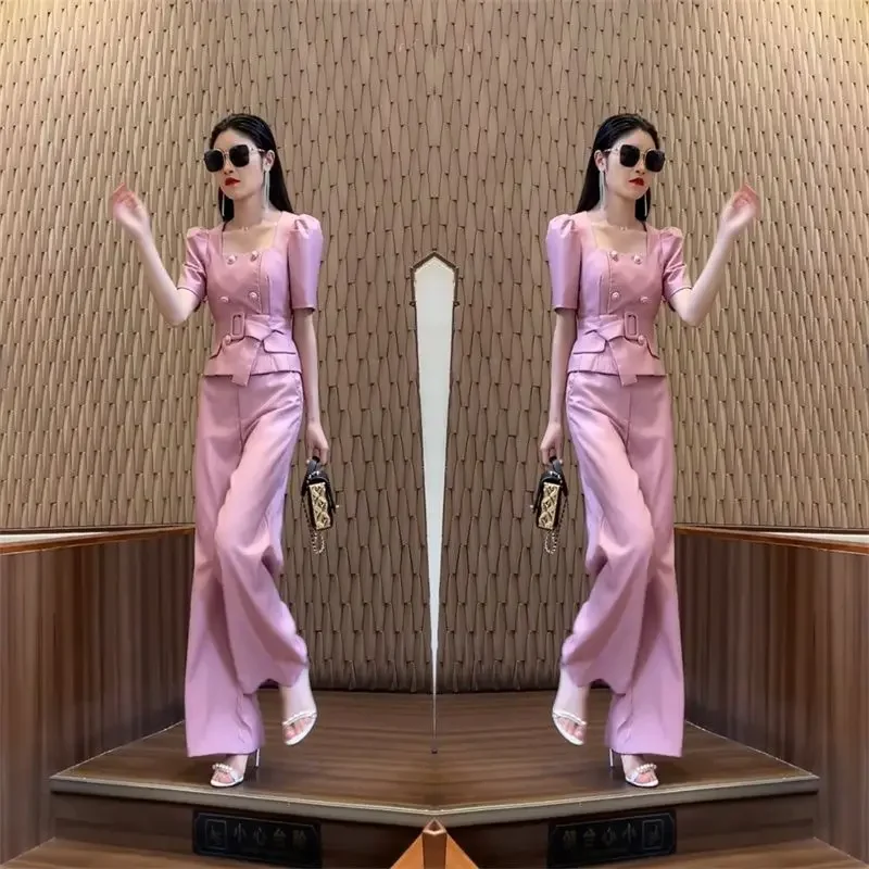 

New Elegant Summer Women's Two Piece Set Fashion Square Collar Double Breasted Slim Shirt Top + Wide Leg Pants Suit with Belt