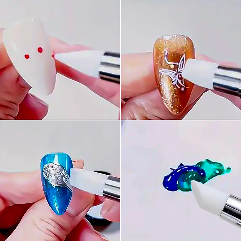 5Pcs Pink Double-Head Silicone Nail Art Brush PointDrill Drawing Painting Rhinestone Picker Wax Pen Dotting Makeup Manicure Tool