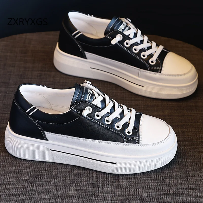 ZXRYXGS New Genuine Leather White Shoes Women Sneakers 2025 Popular Light Comfort Flat Shoes Casual Sneakers Trend Black Shoes image 5