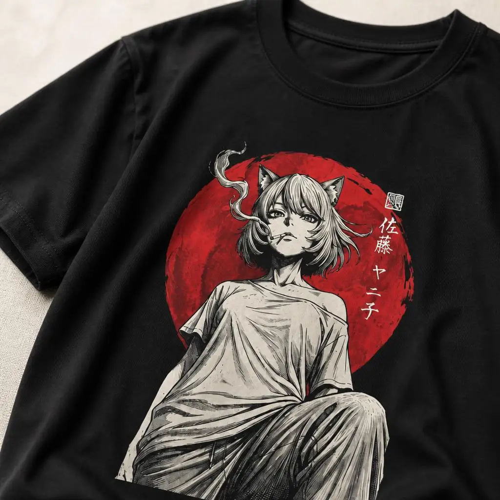 Also, Neko, T-Shirt im japanischen Stil mit Motiv einer Katze, die eine Zigarette raucht, für Herren, 100 % Baumwolle, lustiges T-Shirt mit kurzen Ärmeln, ein tolles Geschenk. – Detail 5