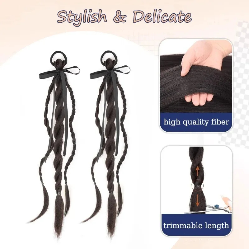 2Pcs Straight Synthetic Twisted Braided Hair Extensions with Ribbon Bow Elastic Rubber Band Hair Accessories for Women Daily Use