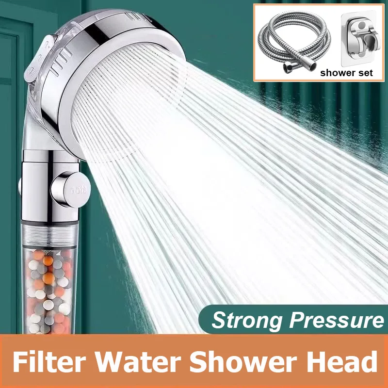 

Filtered High Pressure Shower Head With On/Off Switch 3 Modes Adjustable Rainfall Shower With Hose Bracket Bathroom Accessories