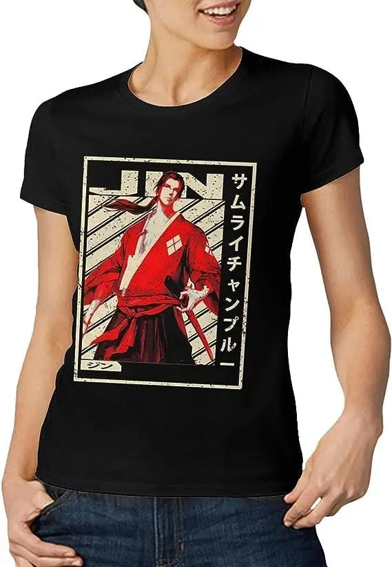Samurai Anime Champloo Shirt Women's Fashion Short Sleeve Cotton T Shirts Quick Dry Pattern Custom Tee Tops Black