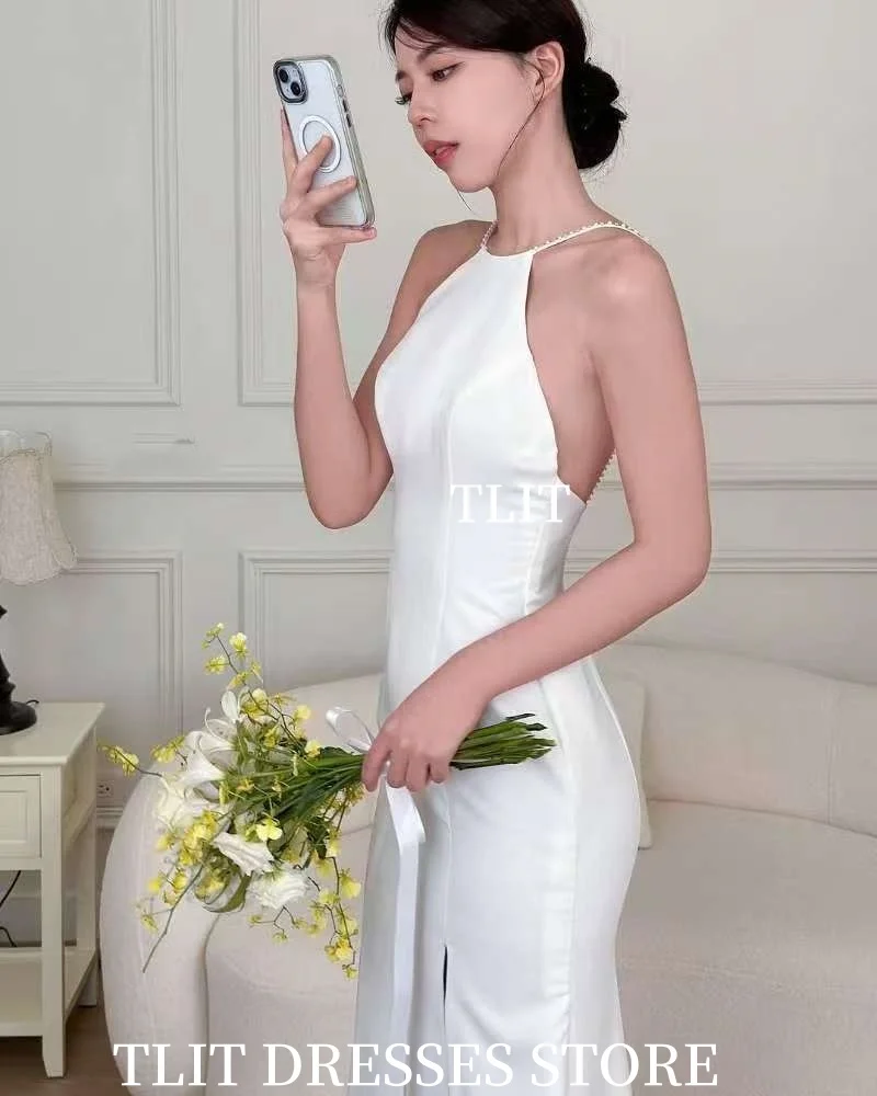 TLIT – robe de soirée sirène blanche Simple, robes de mariée coréennes, séance Photo, personnalisée, col licou, perles, dos nu, robes de bal, fente haute