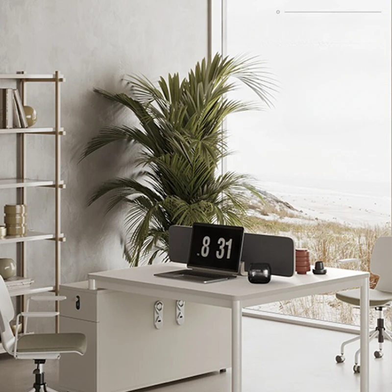 

Designer's white employee office desk is minimalist and modern, with 8 staff and 4 workstations and 2/4/6 person computer desk