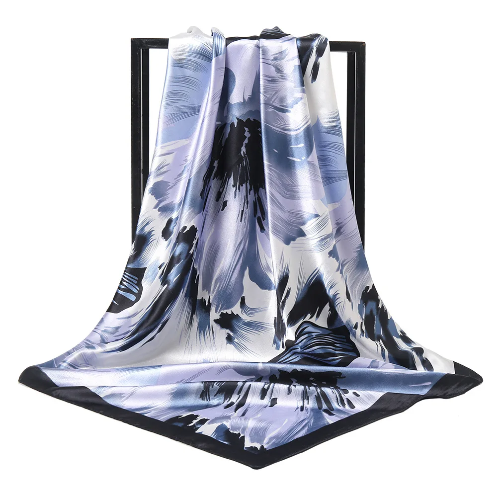 

90*90CM Women Silk Scarf Square Headband Female Satin Hijab Shawl Wrap Kerchief Chain Print Tudung Foulard En Mousseline