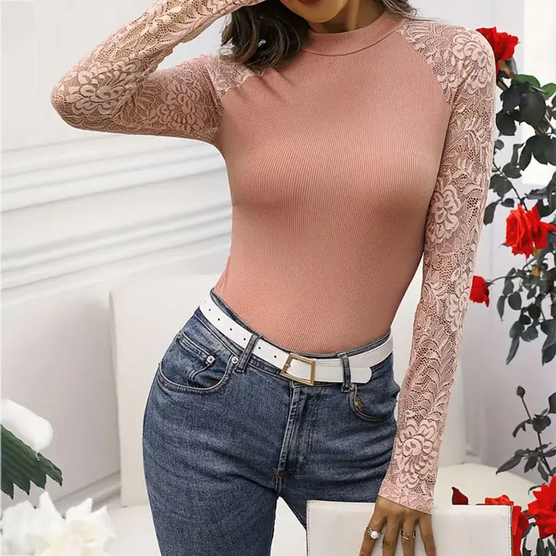 Lotus Colored Elegant Women's Base Top Autumn New Knitted Patchwork Lace Small Stand Collar Slim Fit Long Sleeved T-shirt 2024