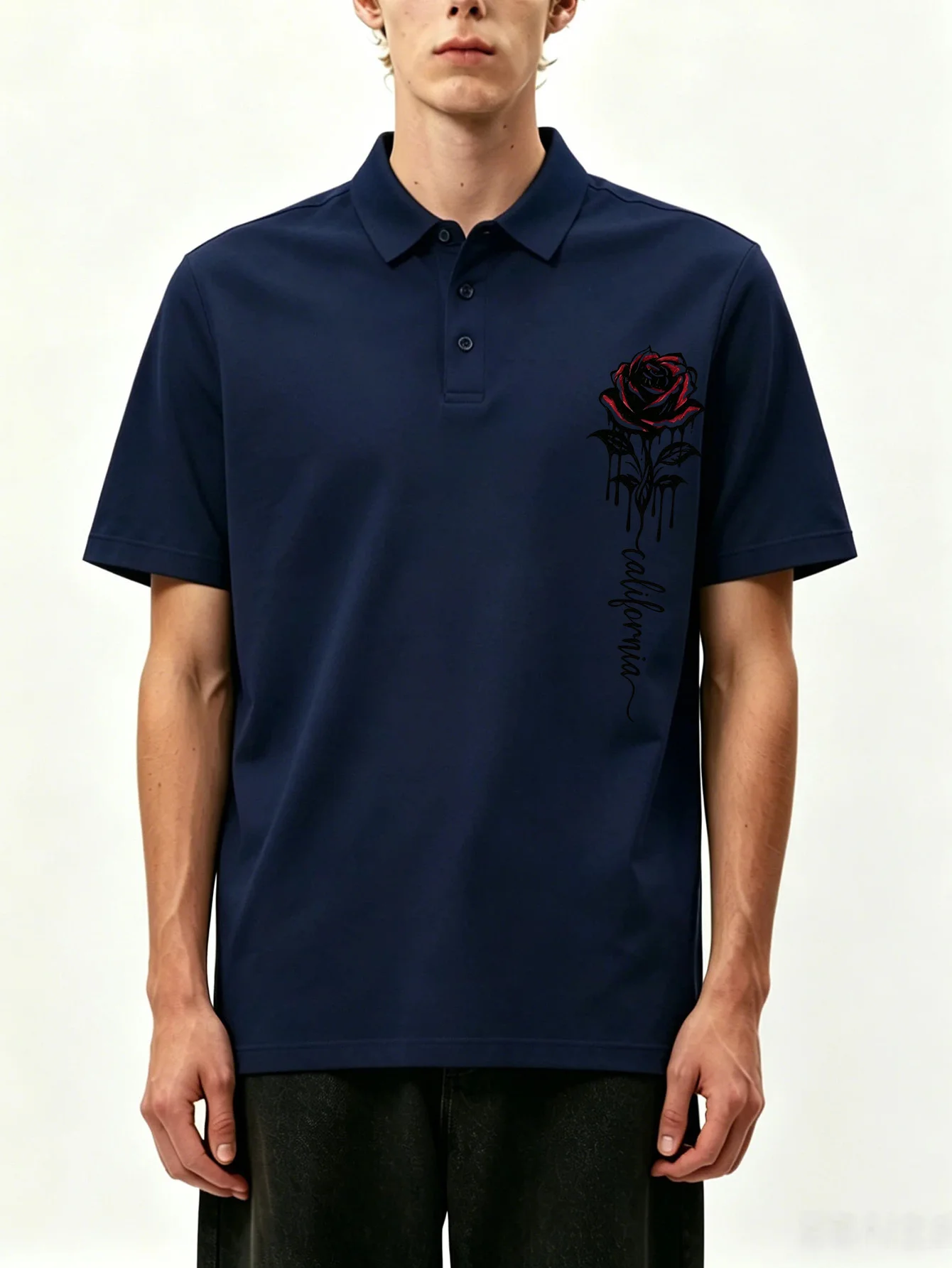Men's short sleeved shirt polo shirt breathable and moisture wicking rose print suitable for golf and casual wear