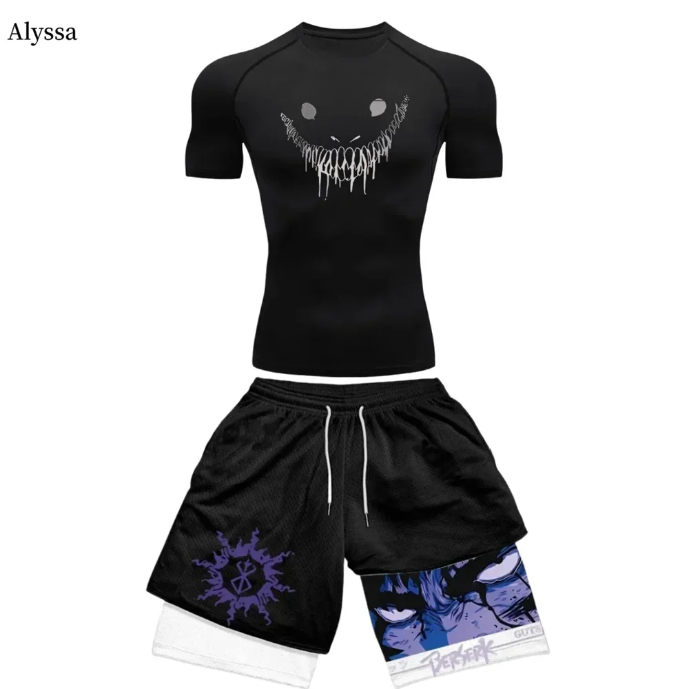 Anime Berserk Guts Men\'s Compression Suit Sports Fitness Quick Drying Suit Tight Short Sleeved Anime Double Layer Shorts Summer