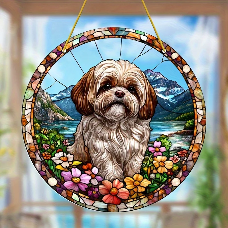 Acrylmalerei Niedlicher Shih Tzu Hund mit Bergsee und Bunten Blumen im Buntglas-Stil 2D Flaches Rundes Fenster-Hängeornament