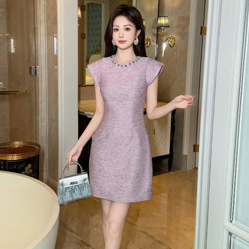 

Новое роскошное модное вечернее платье для женщин, элегантное, приталенное, с круглым вырезом, однотонное, в стиле «маленький аромат», летнее платье-футляр (Vestidos)