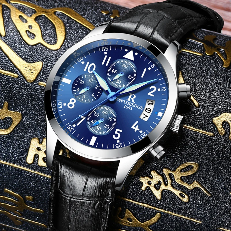 

Fashion Blue Quartz Watch for Men Luxury Leather Strap Waterproof Luminous Hands Date Chronograph Wristwatch Mens Reloj Hombre