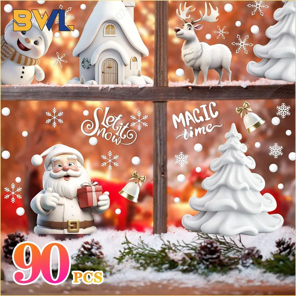 

90PCS Christmas Window Stickers White Christmas Snowman Christmas Tree Static Cling Window Christmas Decoration Stickers