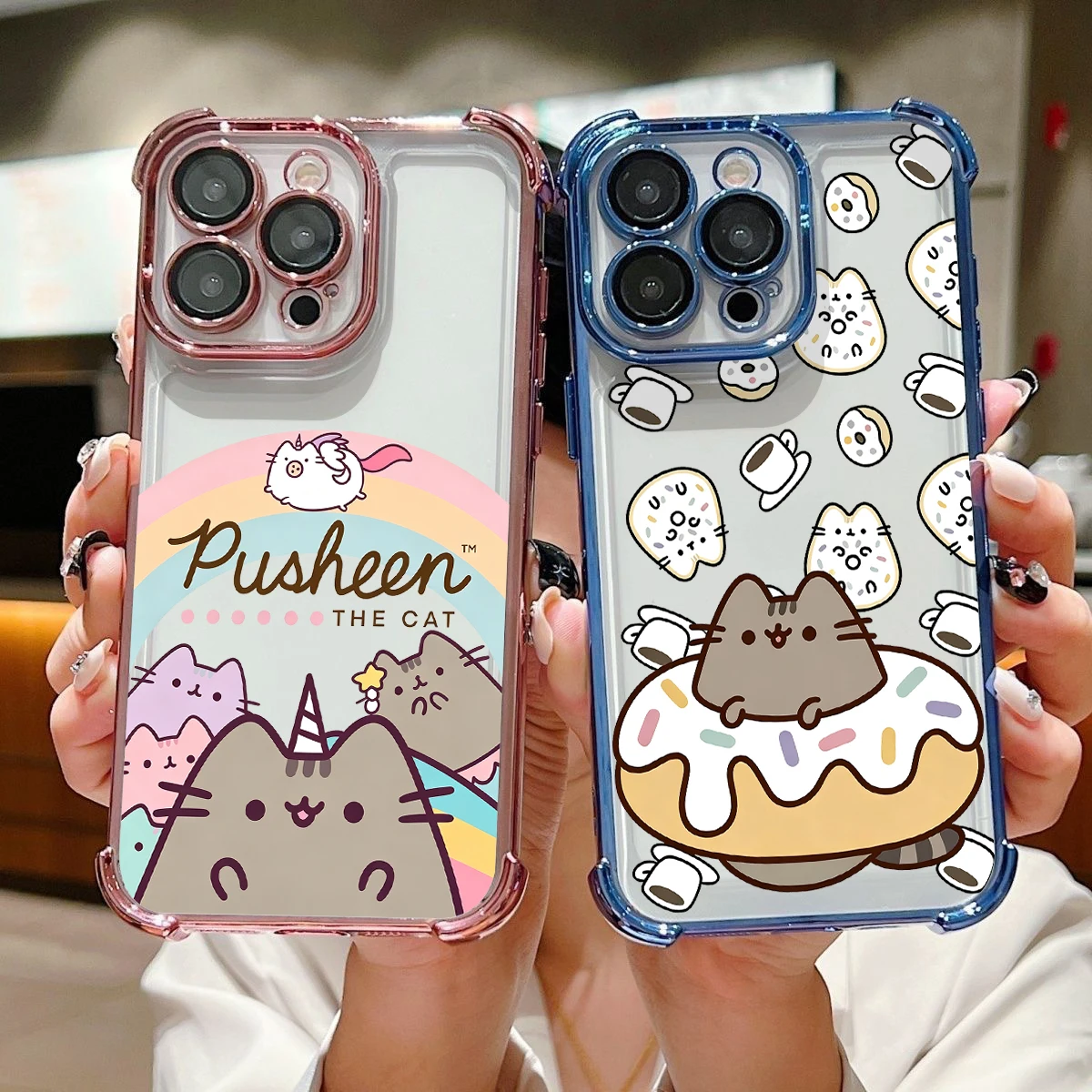 Cute P-Pusheens Cat Plating Phone Case For Samsung S26 S25 S24 S23 S22 S21 S20 FE Note20 Edge Plus Ultra 4G 5G Anti Fall Airbag
