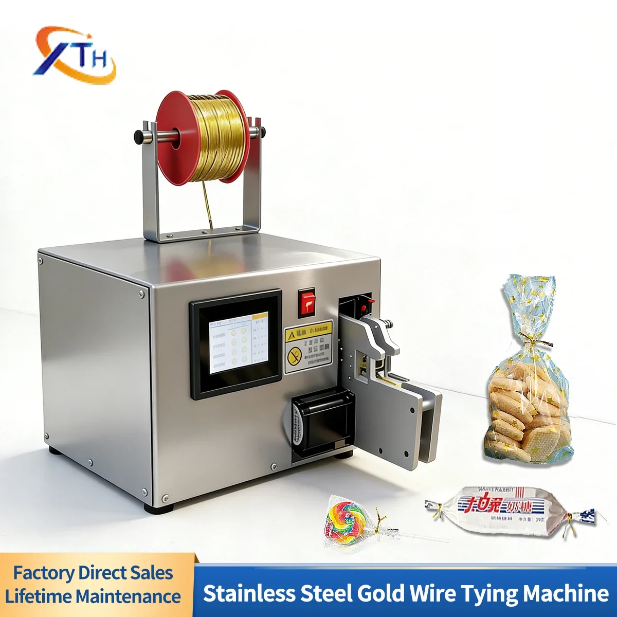 Stainless Steel Automatic Bread Bag Strapping Machine, Food Grade Gold Wire Tying Machine With Touch Screen For Bakery Candy Bag