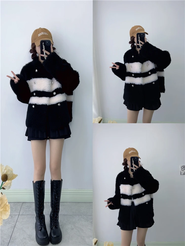 Basha wool black and white splicing short style sheep shearing velvet composite fur small temperament pure wool autumn