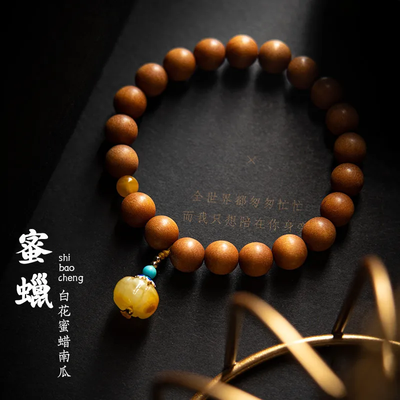 Natural Laoshan Sandalwood Beaded Bracelet with Amber Pumpkin Beads Unisex Single Loop Prayer Jewelry Gifts