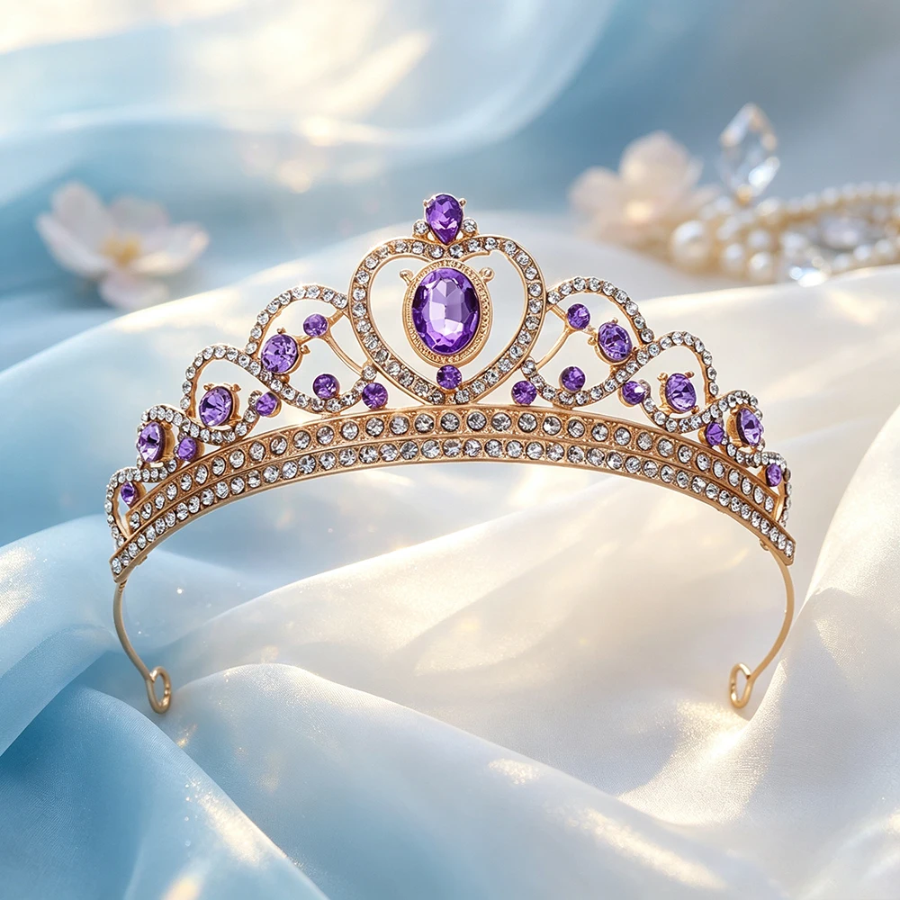 1pc Gold Tone Heart‑Shaped Tiara Crown Rhinestone Bridal Headpiece Elegant Pageant Prom Sweet Party Hair Jewelry Accessories view 5