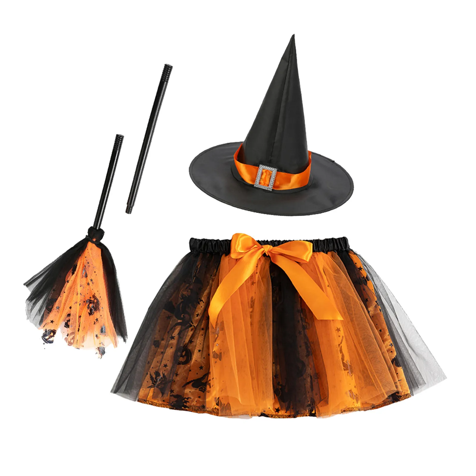 

Kids Girls Halloween Witch Costume Set Girls Tutu Skirt With Hat Broom Cosplay Elf Witch Party Dress Up Halloween Clothes Gift